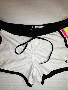 Roxy White Board Shorts with Black Trim and Neon Side Stripes Y2K Sz 5 low rise